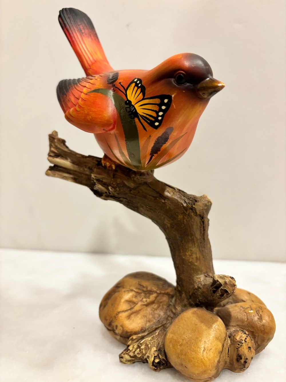 Decorative Resin Bird Figurine with Monarch Butterfly Detail 9”